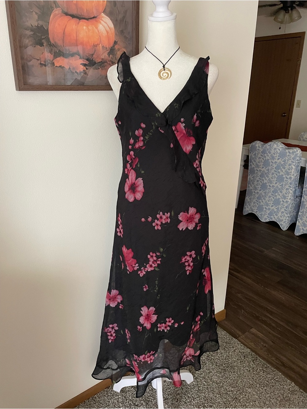 Zoey Beth 90s Y2K Vintage Black Floral Crinkle Chiffon Ruffle Midi Slip Dress XL